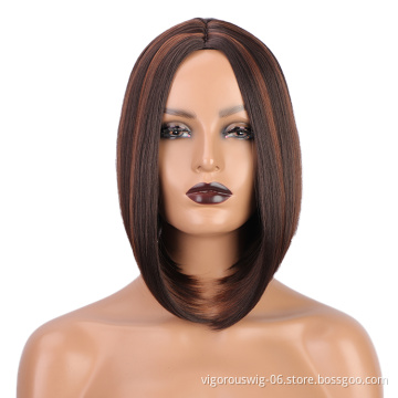 Highlights brown straight short high quality wholesale price black women synthetic hair fiber wigs with none lace
